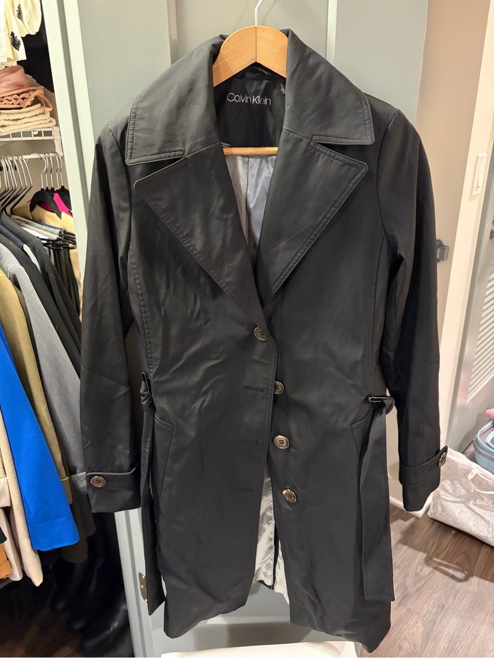 Calvin Klein Black Women's Trench Coat with Notched Lapel